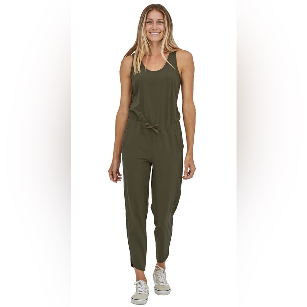 Patagonia Fleetwith Olive Green Stretch Jumpsuit Romper Sleeveless Cross Back
